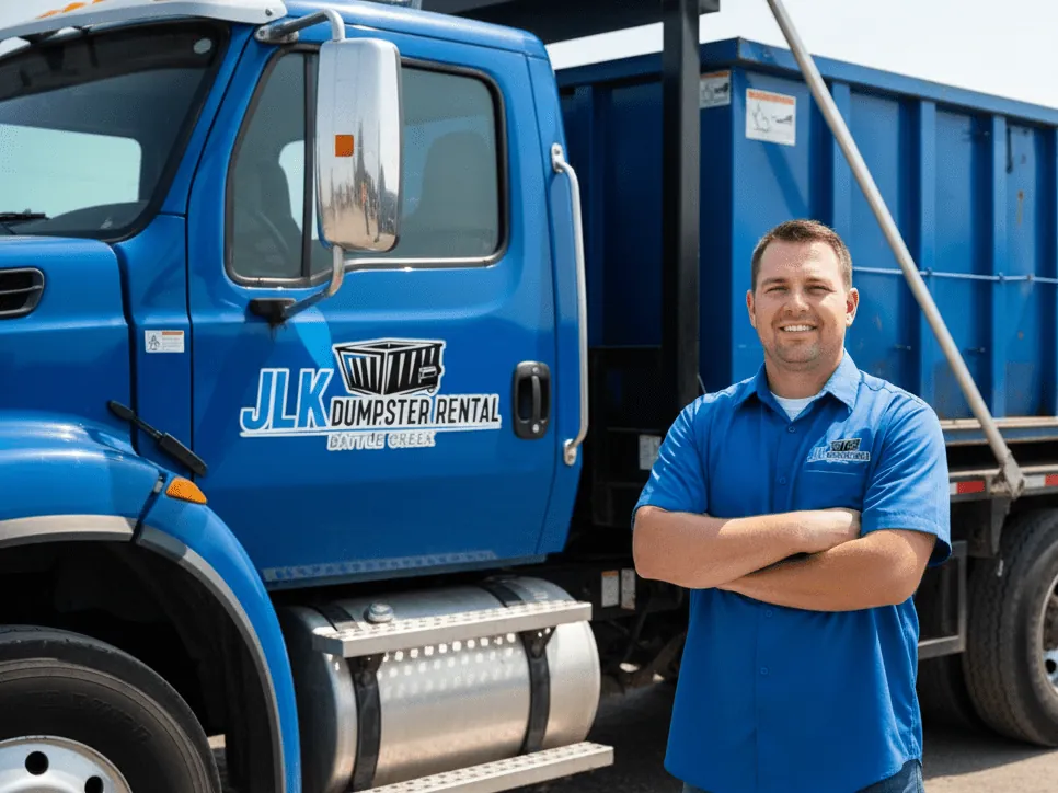 Local dumpster rental in Battle Creek JLK Dumpster Rental roll-off truck and container in Battle Creek, MI